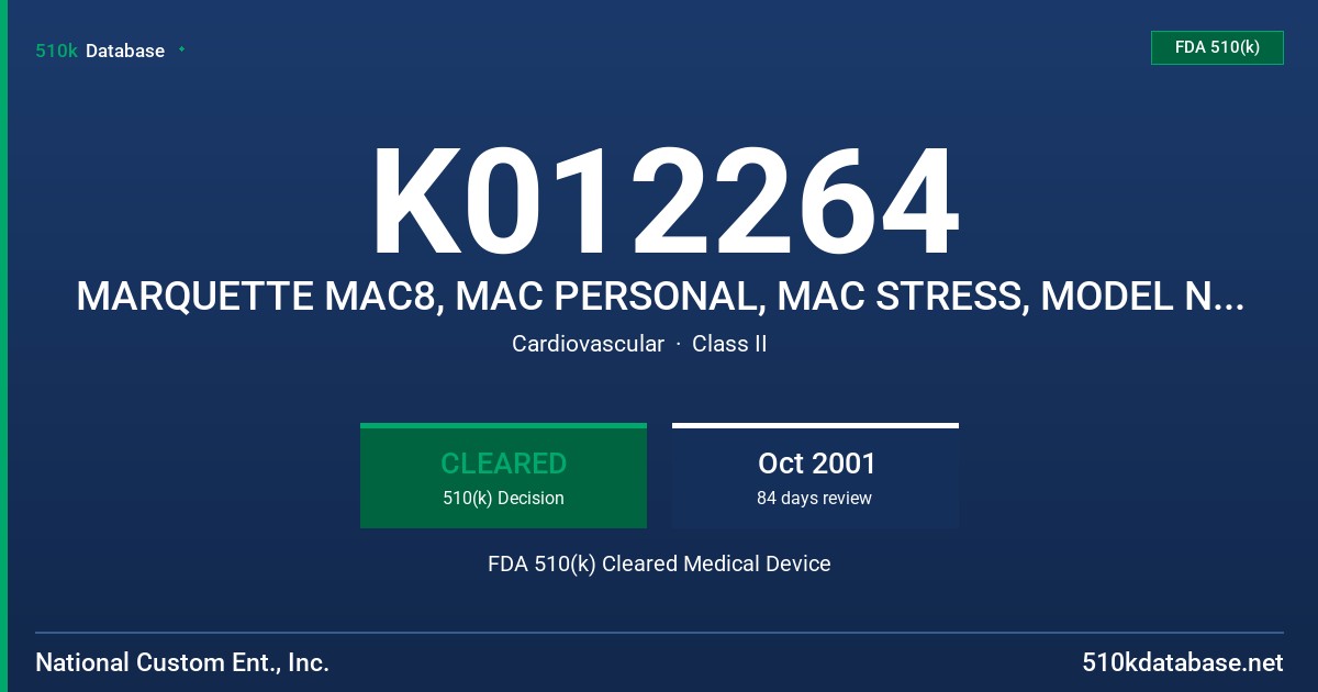 K012264 MARQUETTE MAC8, MAC PERSONAL, MAC STRESS, MODEL N3043IWC FDA 510(k) Cleared Medical Device