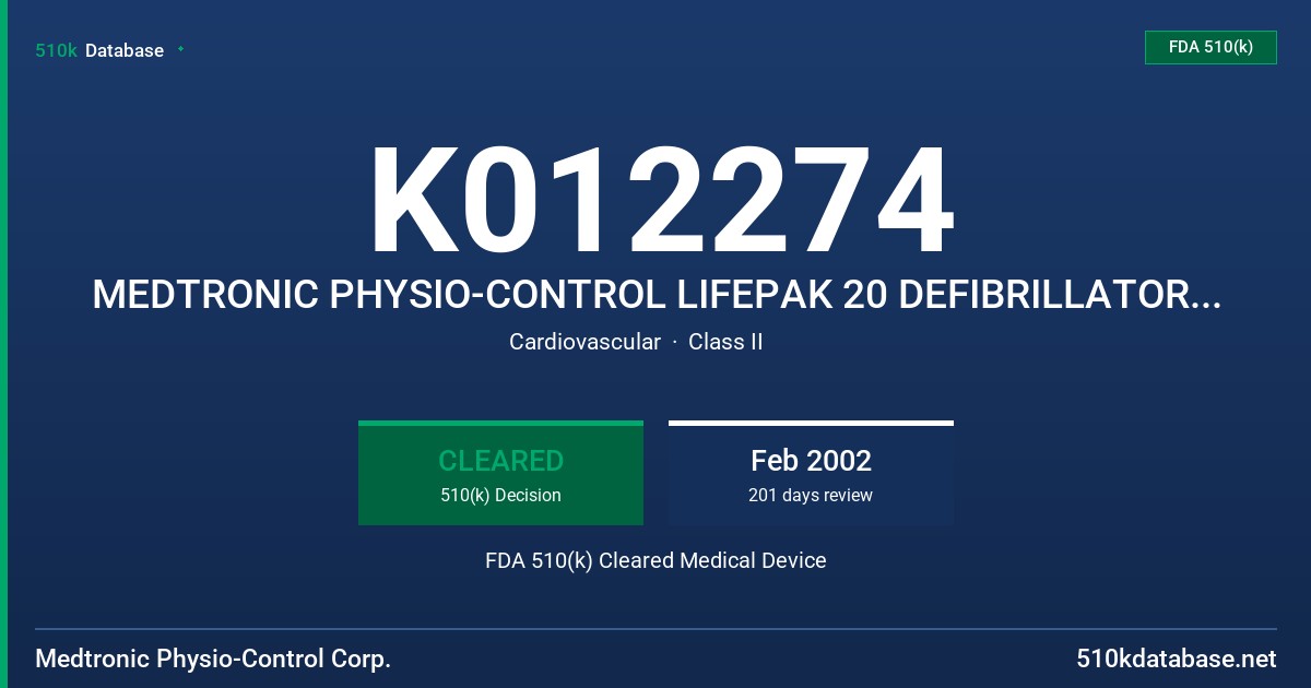 K012274 MEDTRONIC PHYSIO-CONTROL LIFEPAK 20 DEFIBRILLATOR/MONITOR/PACEMAKER FDA 510(k) Cleared Medical Device