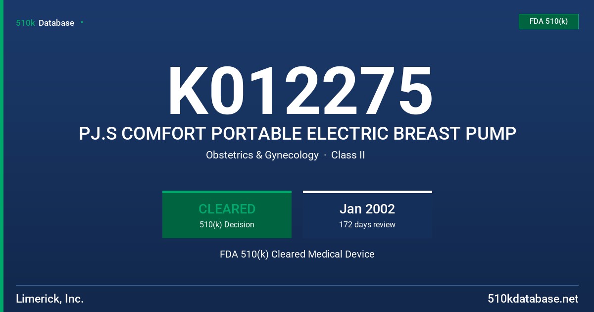 K012275 PJ.S COMFORT PORTABLE ELECTRIC BREAST PUMP FDA 510(k) Cleared Medical Device
