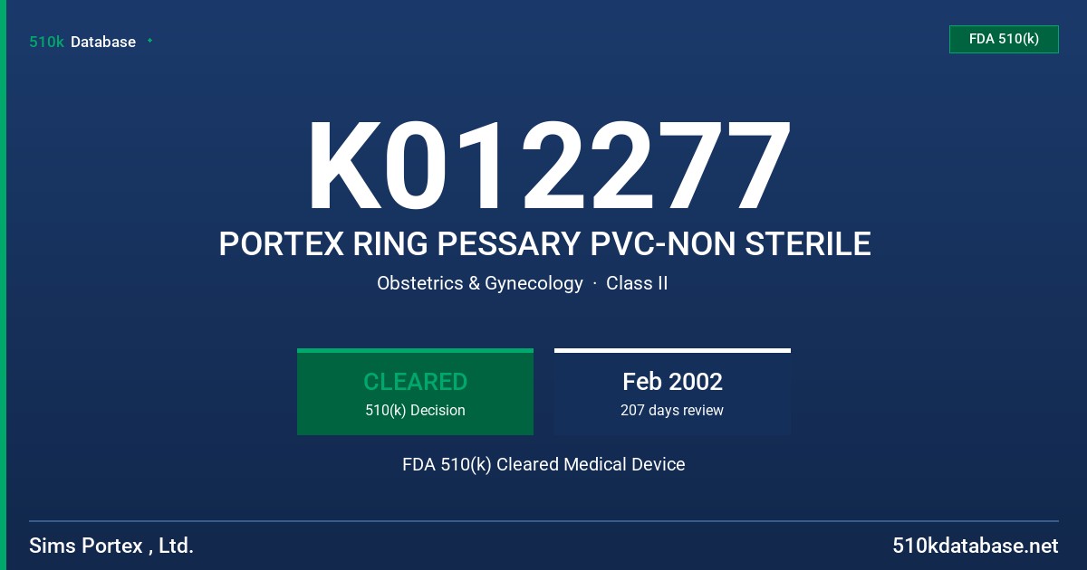 K012277 PORTEX RING PESSARY PVC-NON STERILE FDA 510(k) Cleared Medical Device