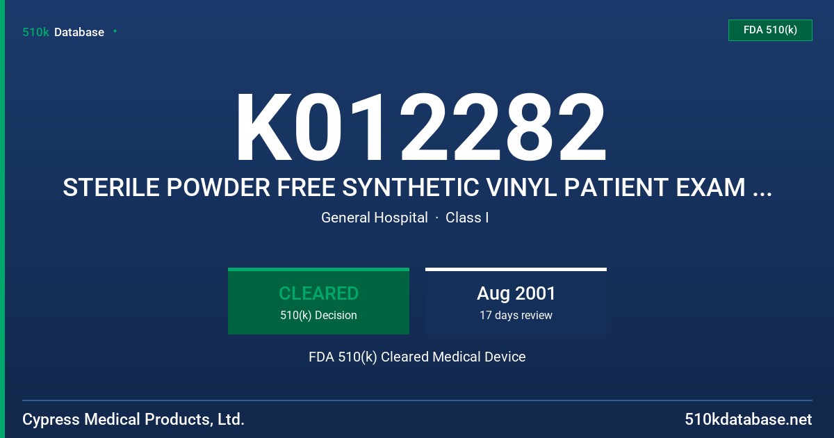 K012282 STERILE POWDER FREE SYNTHETIC VINYL PATIENT EXAM GLOVE FDA 510(k) Cleared Medical Device