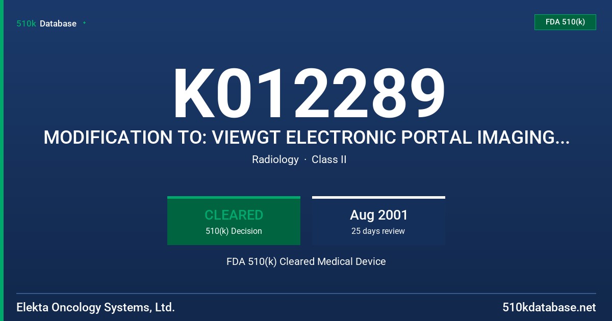 K012289 MODIFICATION TO: VIEWGT ELECTRONIC PORTAL IMAGING DEVICE (EPID) FDA 510(k) Cleared Medical Device