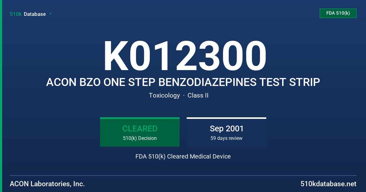 K012300 ACON BZO ONE STEP BENZODIAZEPINES TEST STRIP FDA 510(k) Cleared Medical Device