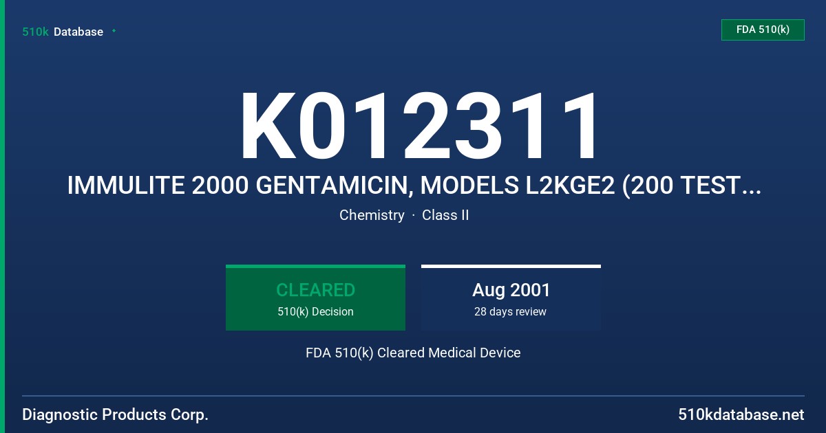 K012311 IMMULITE 2000 GENTAMICIN, MODELS L2KGE2 (200 TESTS), L2KGE6 (600 TESTS) FDA 510(k) Cleared Medical Device