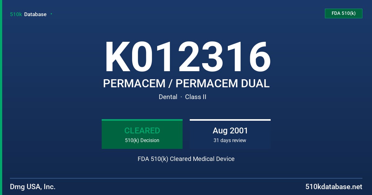 K012316 PERMACEM / PERMACEM DUAL FDA 510(k) Cleared Medical Device