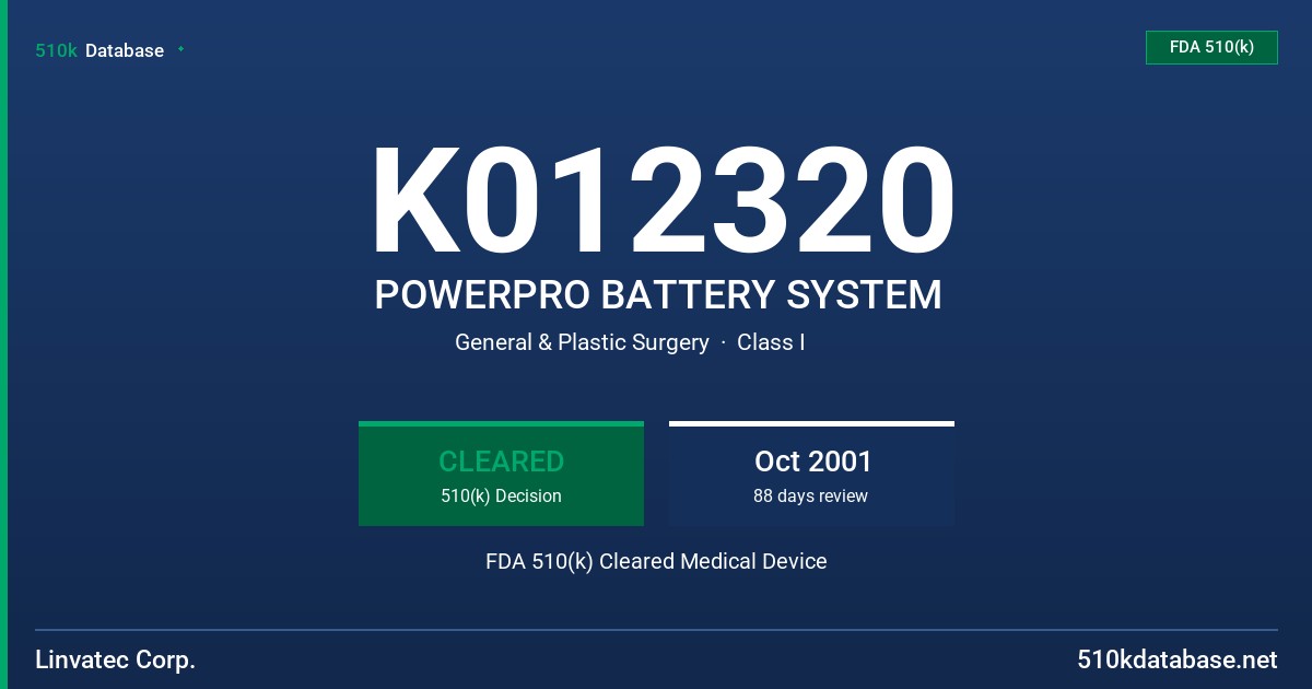 K012320 POWERPRO BATTERY SYSTEM FDA 510(k) Cleared Medical Device