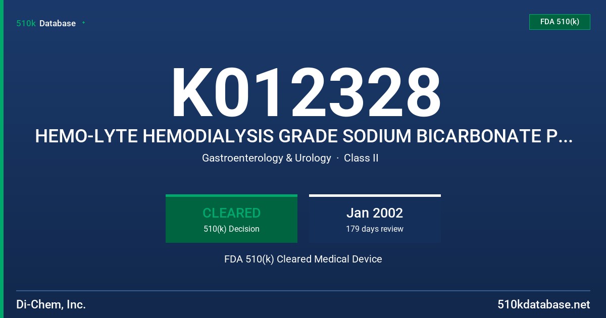 K012328 HEMO-LYTE HEMODIALYSIS GRADE SODIUM BICARBONATE POWDER FDA 510(k) Cleared Medical Device