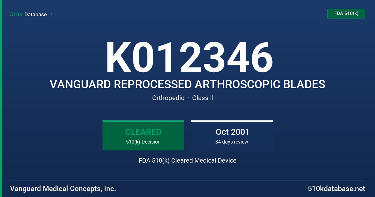 K012346 VANGUARD REPROCESSED ARTHROSCOPIC BLADES FDA 510(k) Cleared Medical Device
