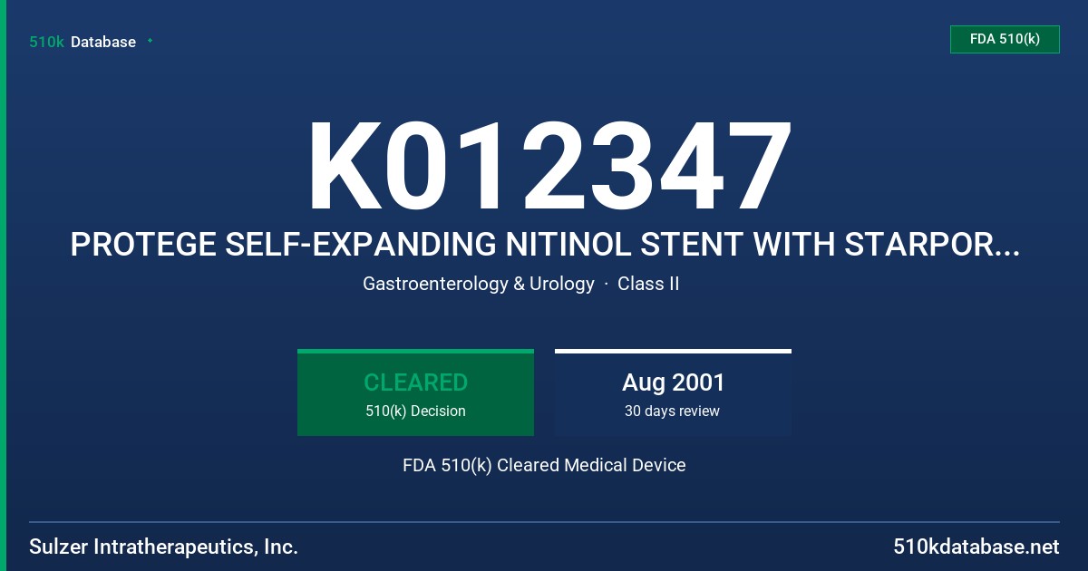 K012347 PROTEGE SELF-EXPANDING NITINOL STENT WITH STARPORT DELIVERY TECHNOLOGY FDA 510(k) Cleared Medical Device
