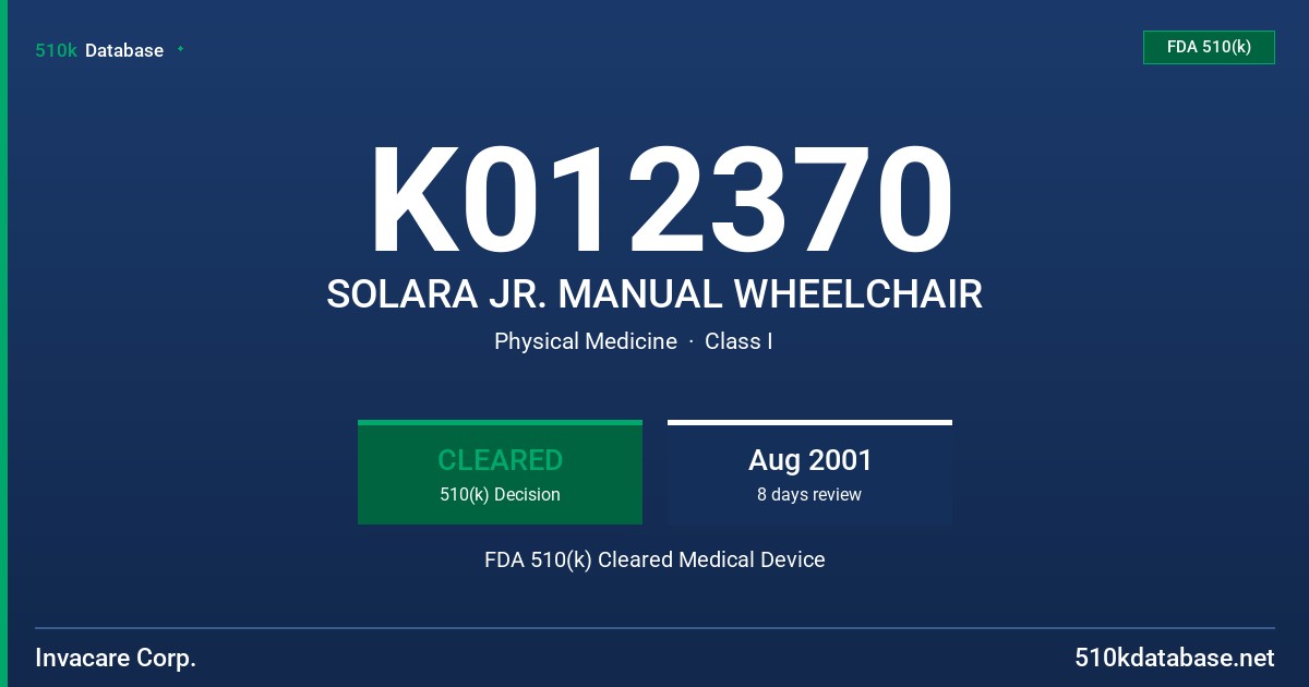 K012370 SOLARA JR. MANUAL WHEELCHAIR FDA 510(k) Cleared Medical Device
