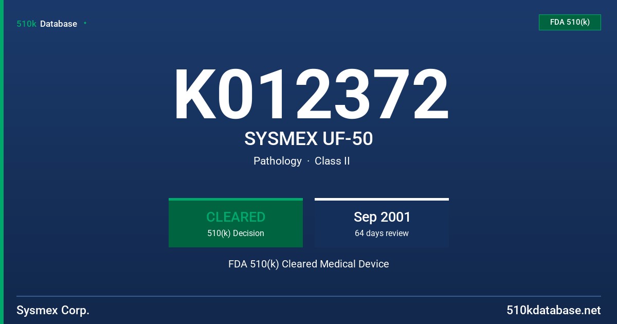 K012372 SYSMEX UF-50 FDA 510(k) Cleared Medical Device