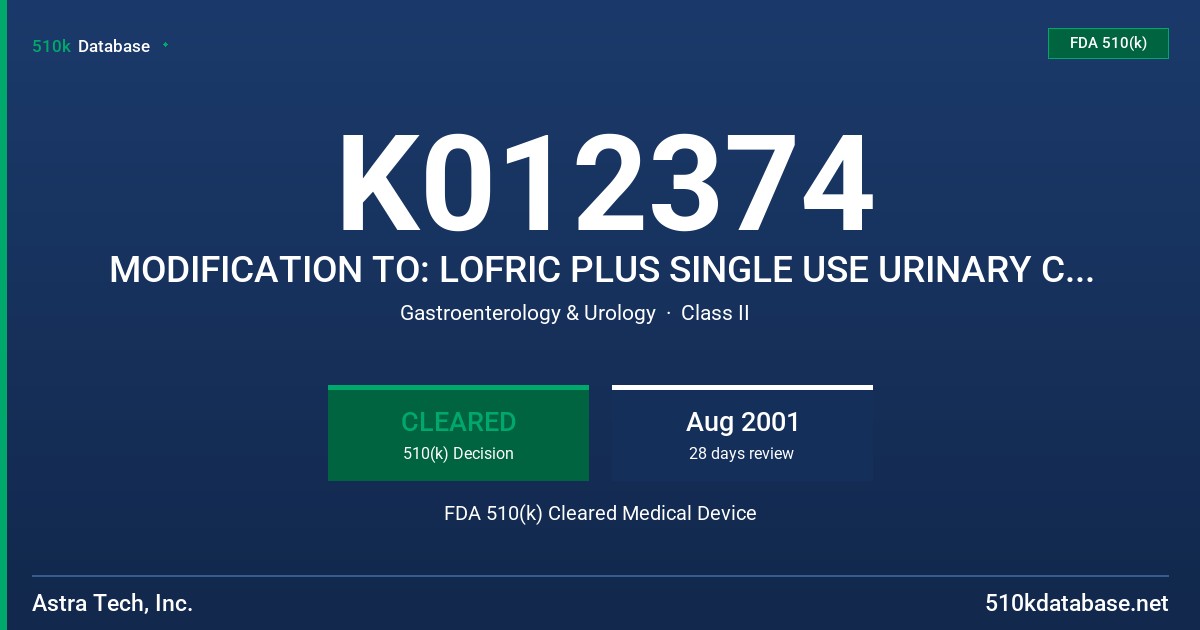 K012374 MODIFICATION TO: LOFRIC PLUS SINGLE USE URINARY CATHETER FDA 510(k) Cleared Medical Device