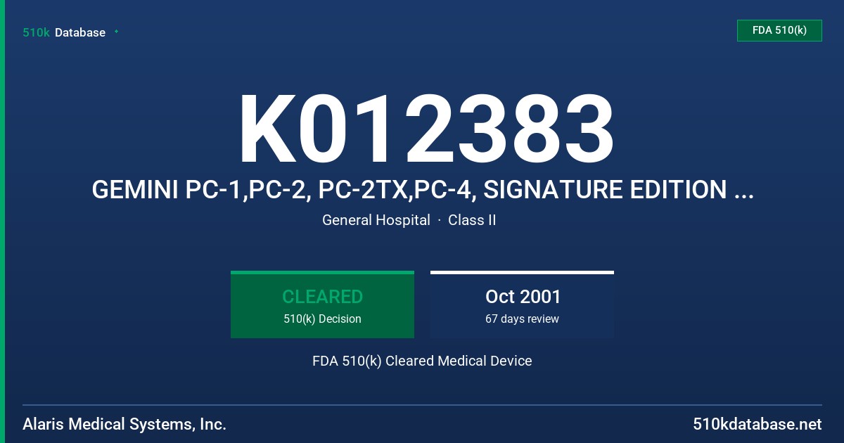 K012383 GEMINI PC-1,PC-2, PC-2TX,PC-4, SIGNATURE EDITION INFUSION PUMP (SE), MEDSYSTEM III INFUSION (MSIII), MEDSYSTEM PATIENT C FDA 510(k) Cleared Medical Device