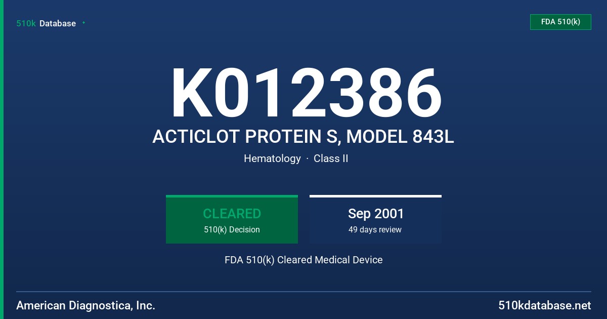 K012386 ACTICLOT PROTEIN S, MODEL 843L FDA 510(k) Cleared Medical Device
