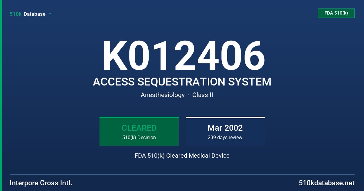 K012406 ACCESS SEQUESTRATION SYSTEM FDA 510(k) Cleared Medical Device