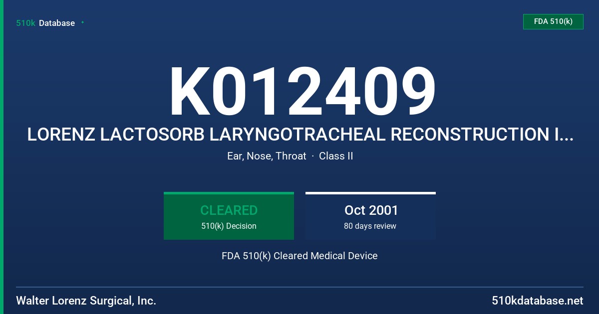 K012409 LORENZ LACTOSORB LARYNGOTRACHEAL RECONSTRUCTION IMPLANTS FDA 510(k) Cleared Medical Device