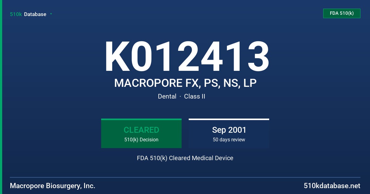K012413 MACROPORE FX, PS, NS, LP FDA 510(k) Cleared Medical Device