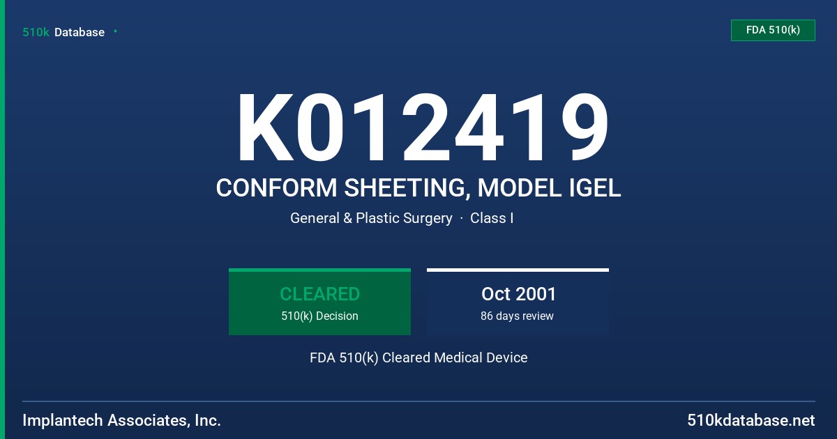 K012419 CONFORM SHEETING, MODEL IGEL FDA 510(k) Cleared Medical Device