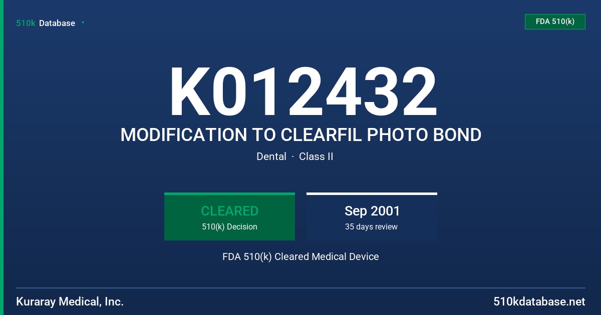 K012432 MODIFICATION TO CLEARFIL PHOTO BOND FDA 510(k) Cleared Medical Device