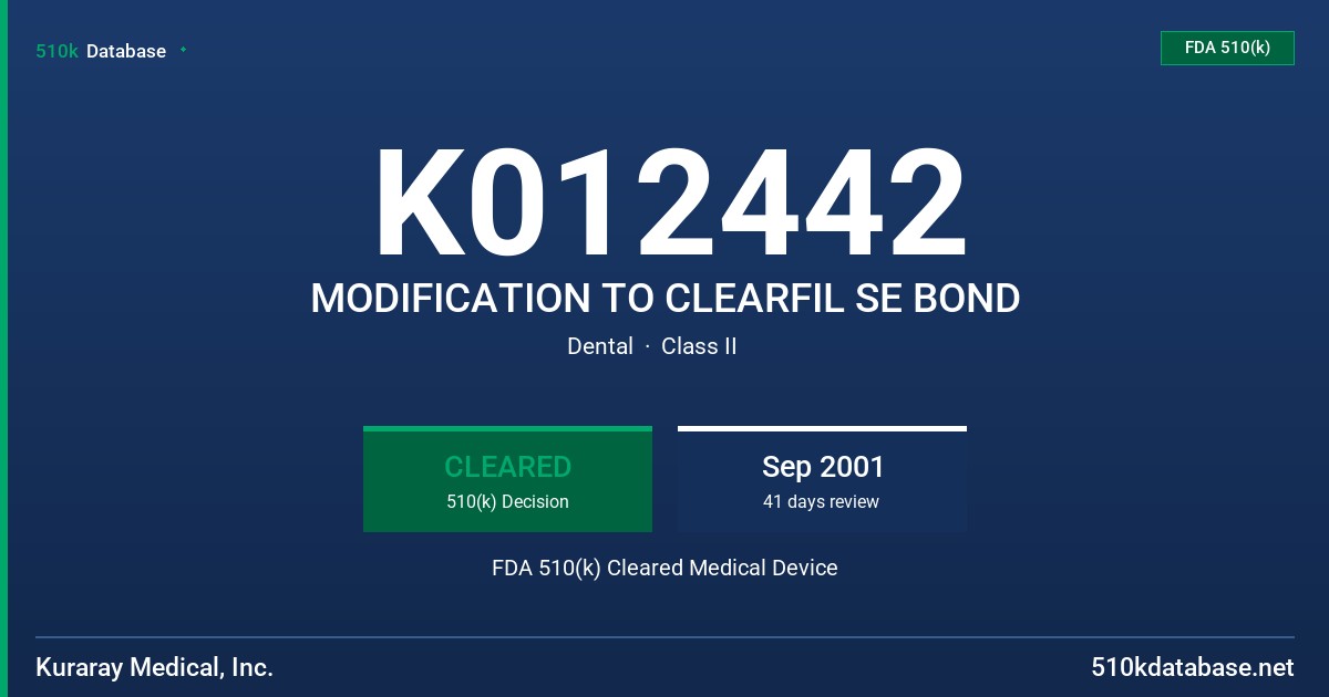 K012442 MODIFICATION TO CLEARFIL SE BOND FDA 510(k) Cleared Medical Device