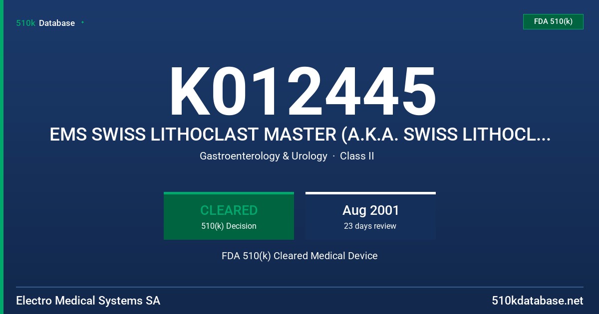 K012445 EMS SWISS LITHOCLAST MASTER (A.K.A. SWISS LITHOCLAST ULTRA) FDA 510(k) Cleared Medical Device