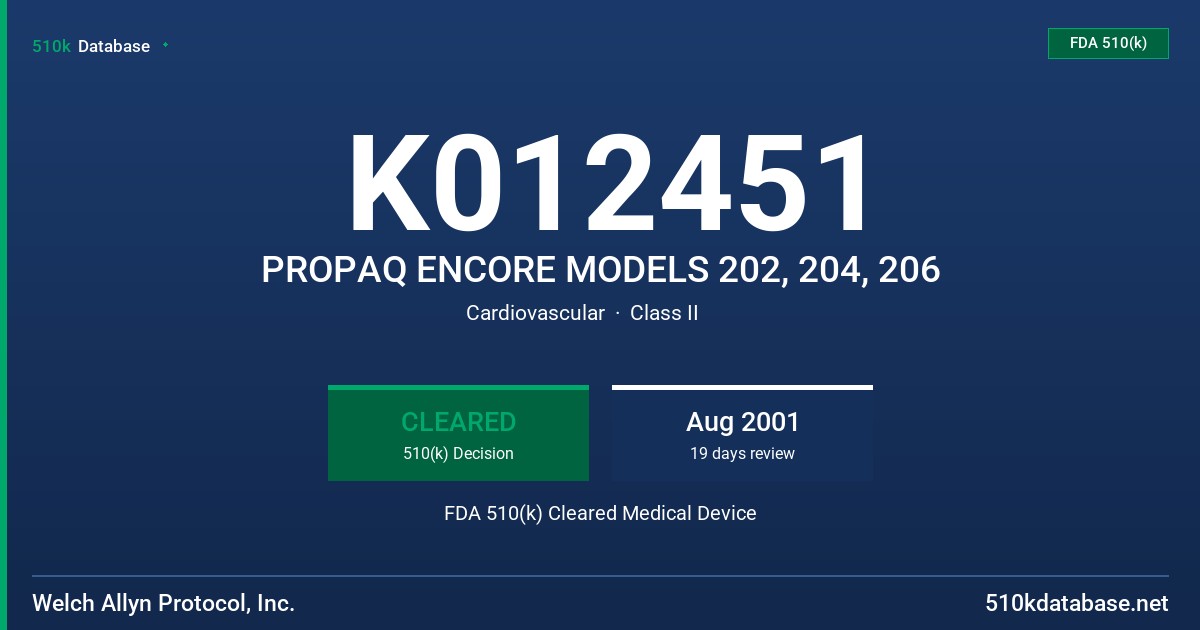 K012451 PROPAQ ENCORE MODELS 202, 204, 206 FDA 510(k) Cleared Medical Device