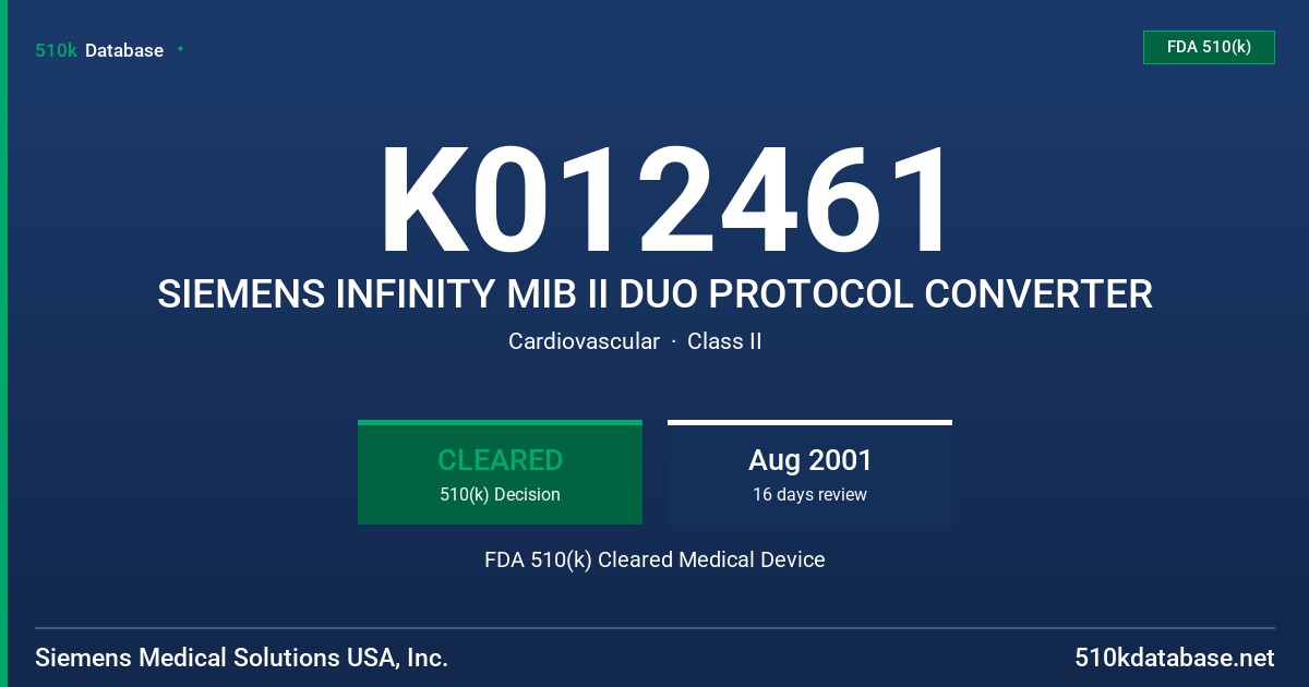 K012461 SIEMENS INFINITY MIB II DUO PROTOCOL CONVERTER FDA 510(k) Cleared Medical Device