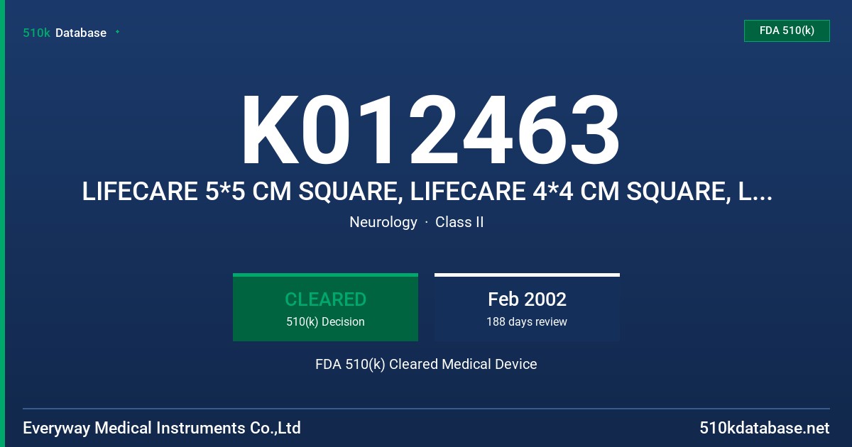 K012463 LIFECARE 5*5 CM SQUARE, LIFECARE 4*4 CM SQUARE, LIFECARE 5 CM ROUND, LIFECARE 7.5 CM ROUND, LIFECARE 4*6 CM OVAL FDA 510(k) Cleared Medical Device