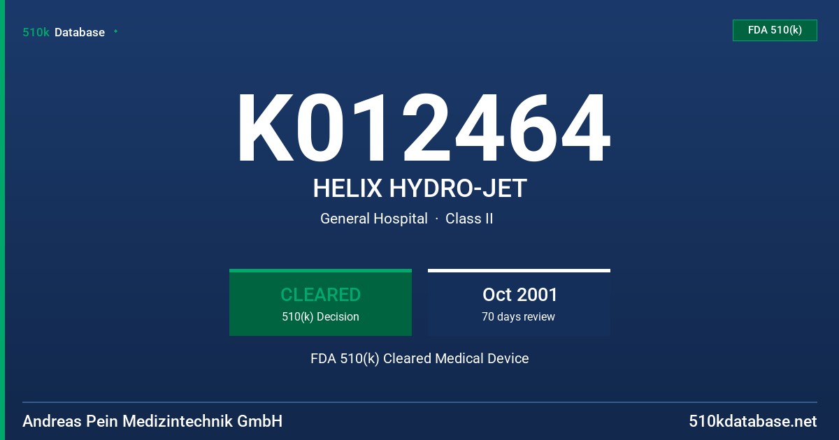 K012464 HELIX HYDRO-JET FDA 510(k) Cleared Medical Device