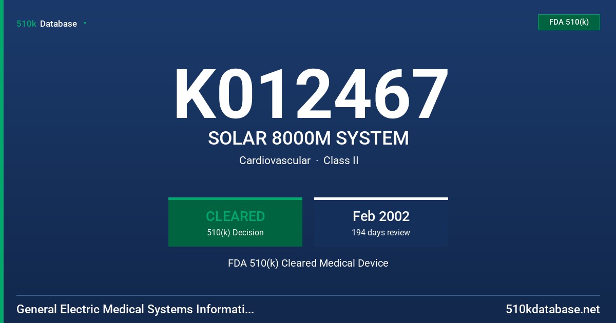 K012467 SOLAR 8000M SYSTEM FDA 510(k) Cleared Medical Device