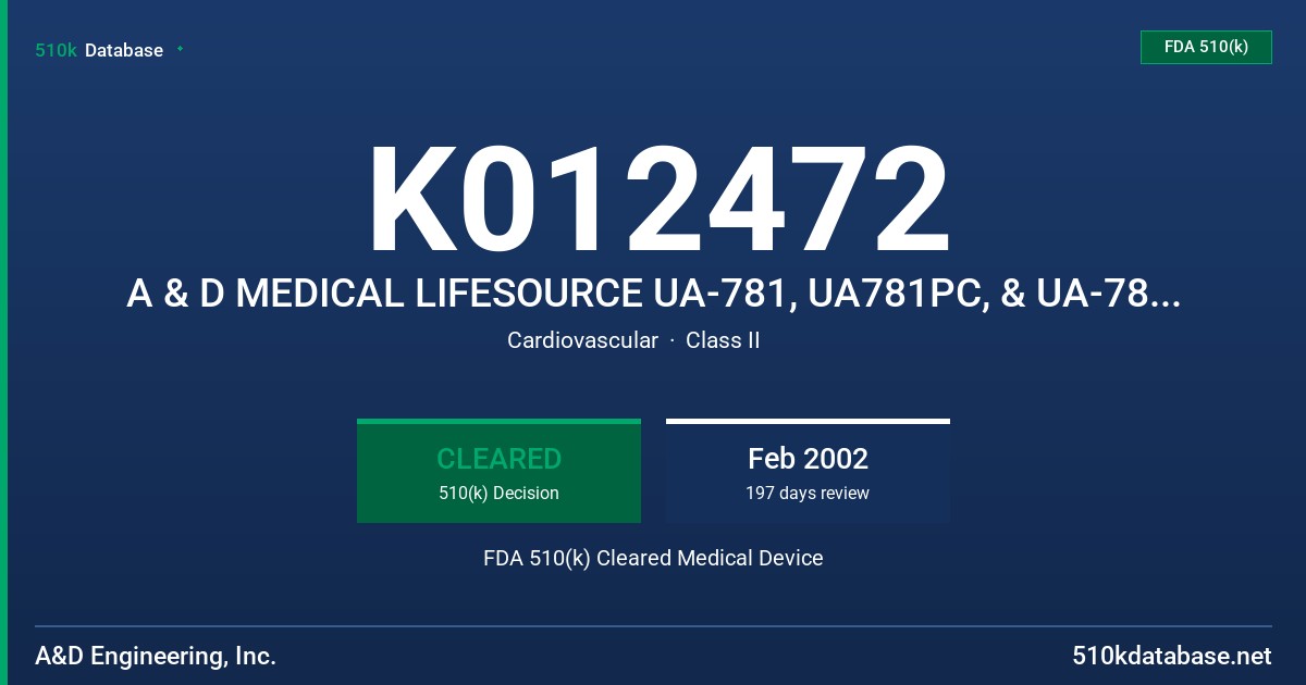 K012472 A & D MEDICAL LIFESOURCE UA-781, UA781PC, & UA-781T DIGITAL BLOOD PRESSURE MONITORS FDA 510(k) Cleared Medical Device