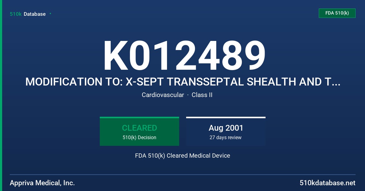 K012489 MODIFICATION TO: X-SEPT TRANSSEPTAL SHEALTH AND TRANSITION CATHETER (WITH DILATOR), MODELS PL-12-12-09, PL-12-12-10 FDA 510(k) Cleared Medical Device