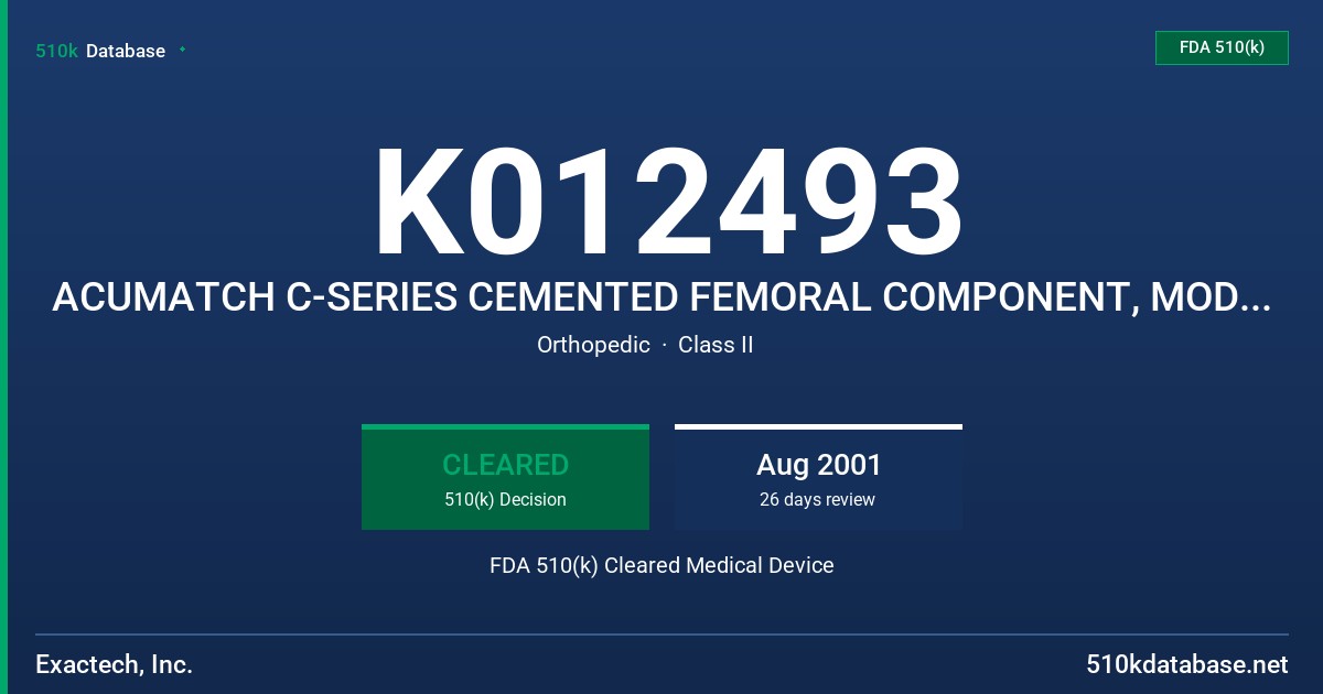 K012493 ACUMATCH C-SERIES CEMENTED FEMORAL COMPONENT, MODEL SIZE 0 FDA 510(k) Cleared Medical Device
