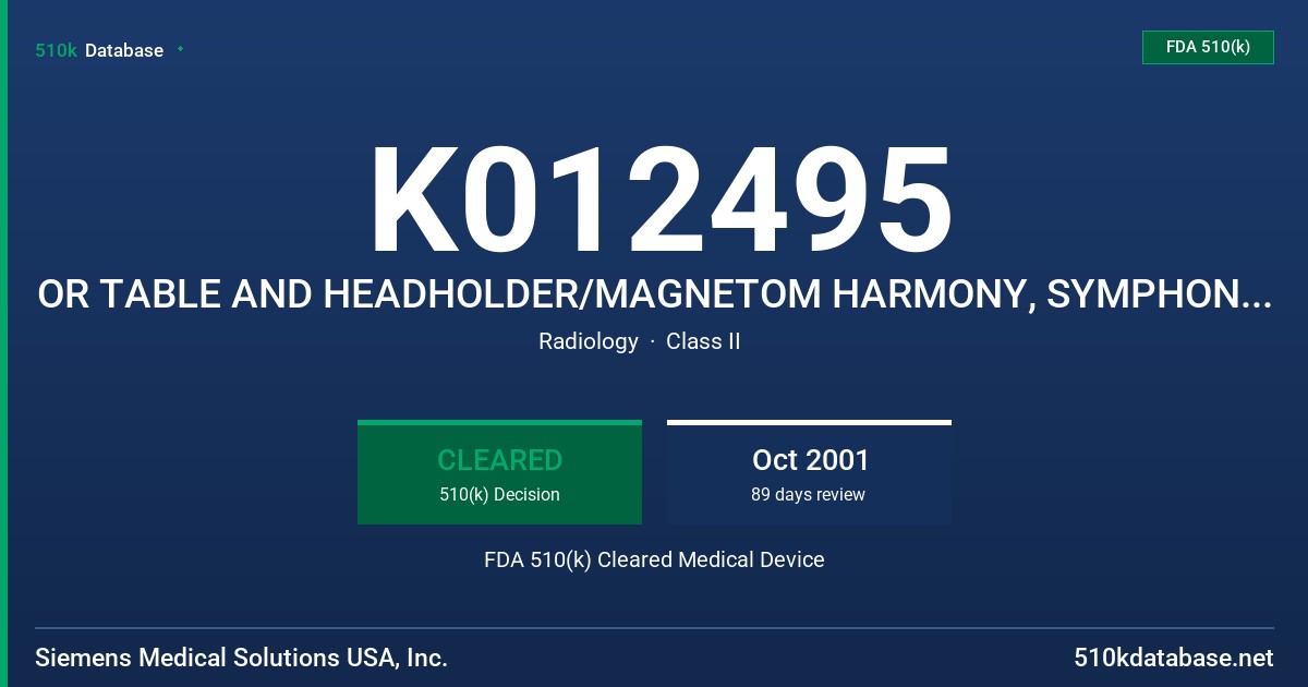 K012495 OR TABLE AND HEADHOLDER/MAGNETOM HARMONY, SYMPHONY, SONATA SYSTEMS FDA 510(k) Cleared Medical Device