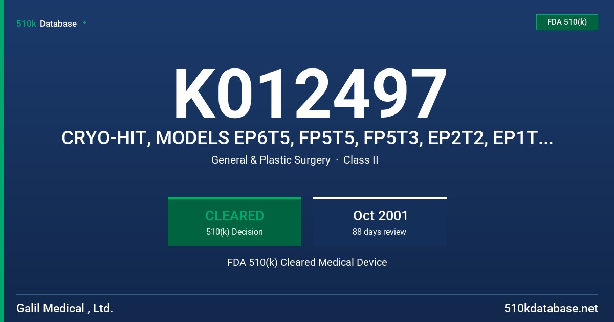 K012497 CRYO-HIT, MODELS EP6T5, FP5T5, FP5T3, EP2T2, EP1T1, AND EP2T1 FDA 510(k) Cleared Medical Device