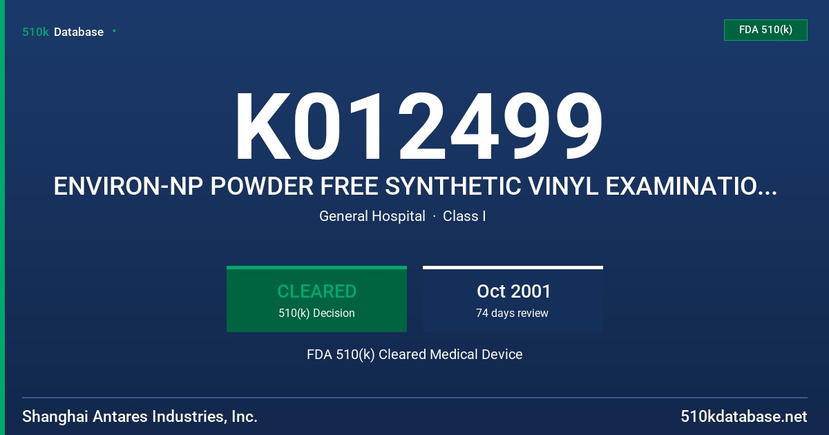 K012499 ENVIRON-NP POWDER FREE SYNTHETIC VINYL EXAMINATION GLOVES FDA 510(k) Cleared Medical Device