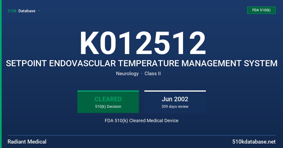 K012512 SETPOINT ENDOVASCULAR TEMPERATURE MANAGEMENT SYSTEM FDA 510(k) Cleared Medical Device