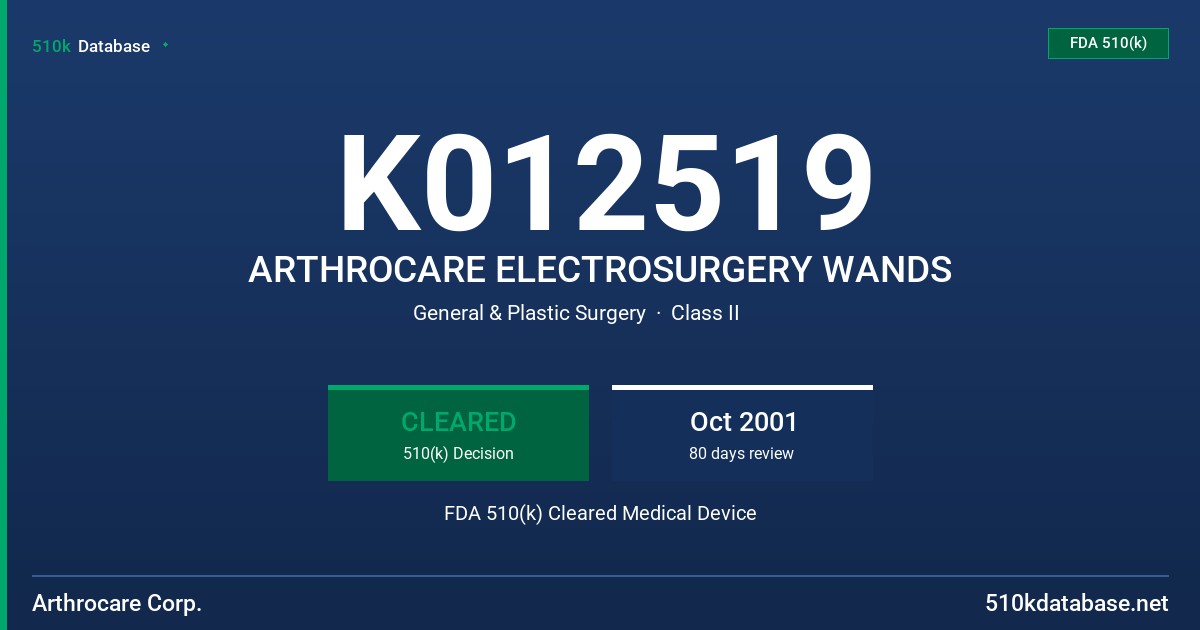 K012519 ARTHROCARE ELECTROSURGERY WANDS FDA 510(k) Cleared Medical Device