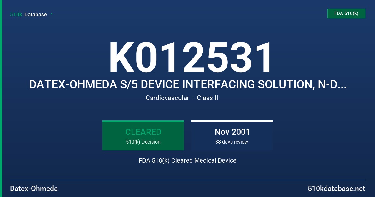 K012531 DATEX-OHMEDA S/5 DEVICE INTERFACING SOLUTION, N-DISXXXX FDA 510(k) Cleared Medical Device