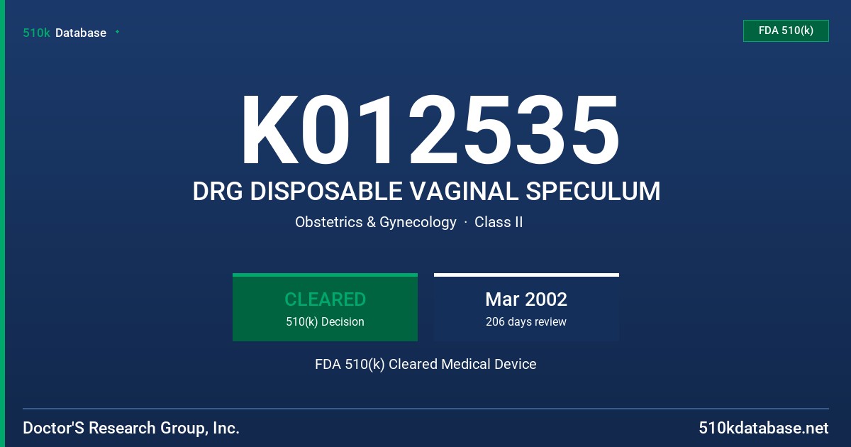 K012535 DRG DISPOSABLE VAGINAL SPECULUM FDA 510(k) Cleared Medical Device