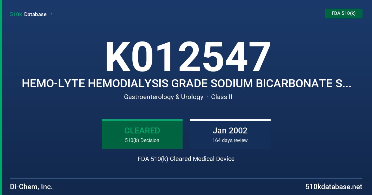 K012547 HEMO-LYTE HEMODIALYSIS GRADE SODIUM BICARBONATE SOLUTION FDA 510(k) Cleared Medical Device