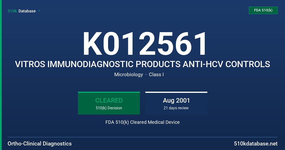 K012561 VITROS IMMUNODIAGNOSTIC PRODUCTS ANTI-HCV CONTROLS FDA 510(k) Cleared Medical Device