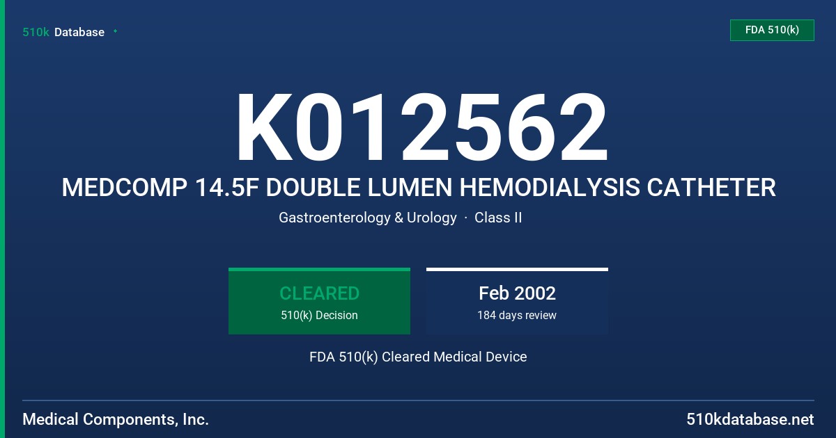 K012562 MEDCOMP 14.5F DOUBLE LUMEN HEMODIALYSIS CATHETER FDA 510(k) Cleared Medical Device