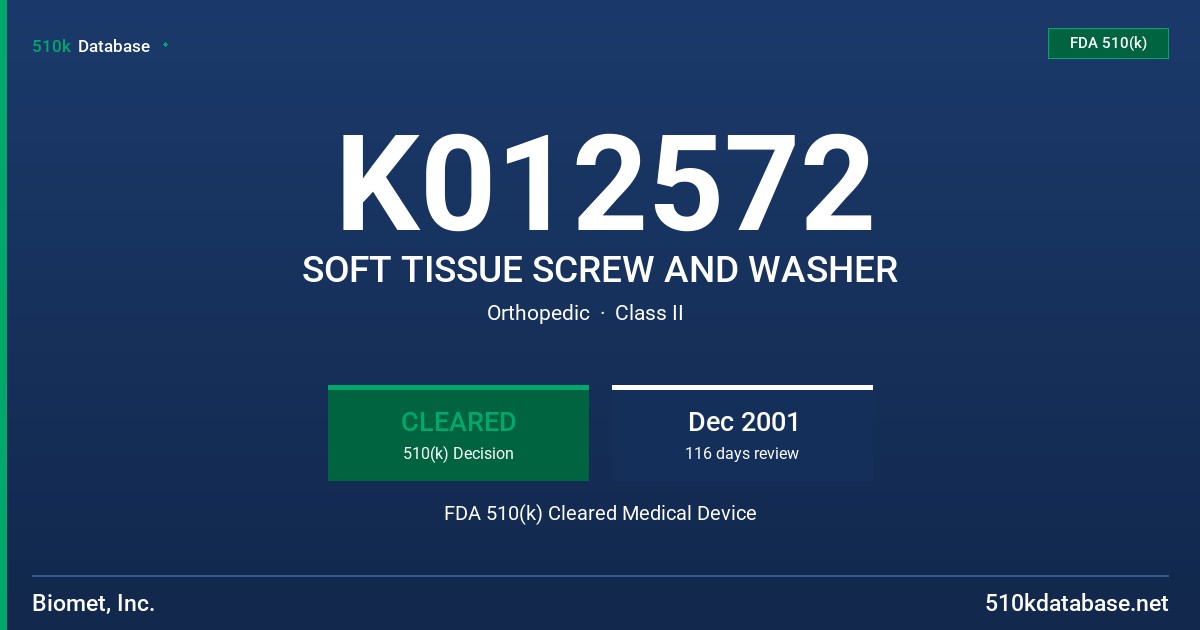 K012572 SOFT TISSUE SCREW AND WASHER FDA 510(k) Cleared Medical Device