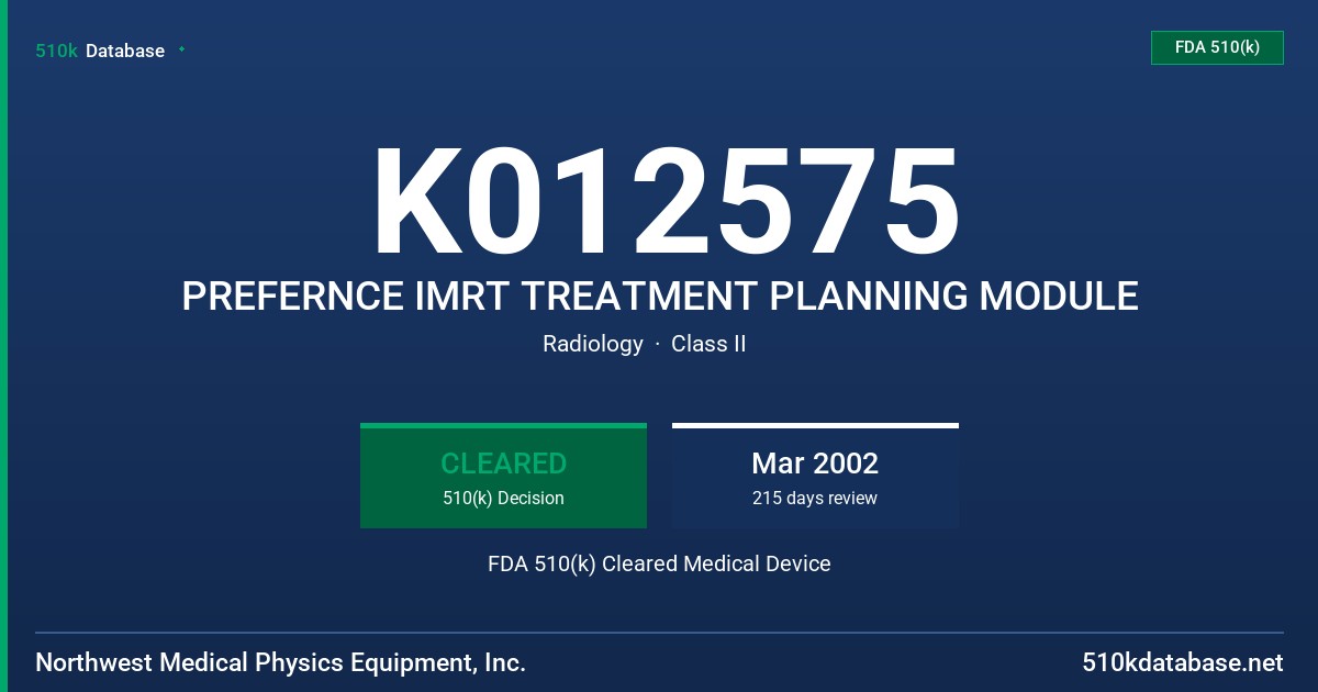 K012575 PREFERNCE IMRT TREATMENT PLANNING MODULE FDA 510(k) Cleared Medical Device