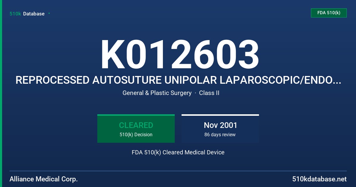 K012603 REPROCESSED AUTOSUTURE UNIPOLAR LAPAROSCOPIC/ENDOSCOPIC INSTRUMENTS FDA 510(k) Cleared Medical Device