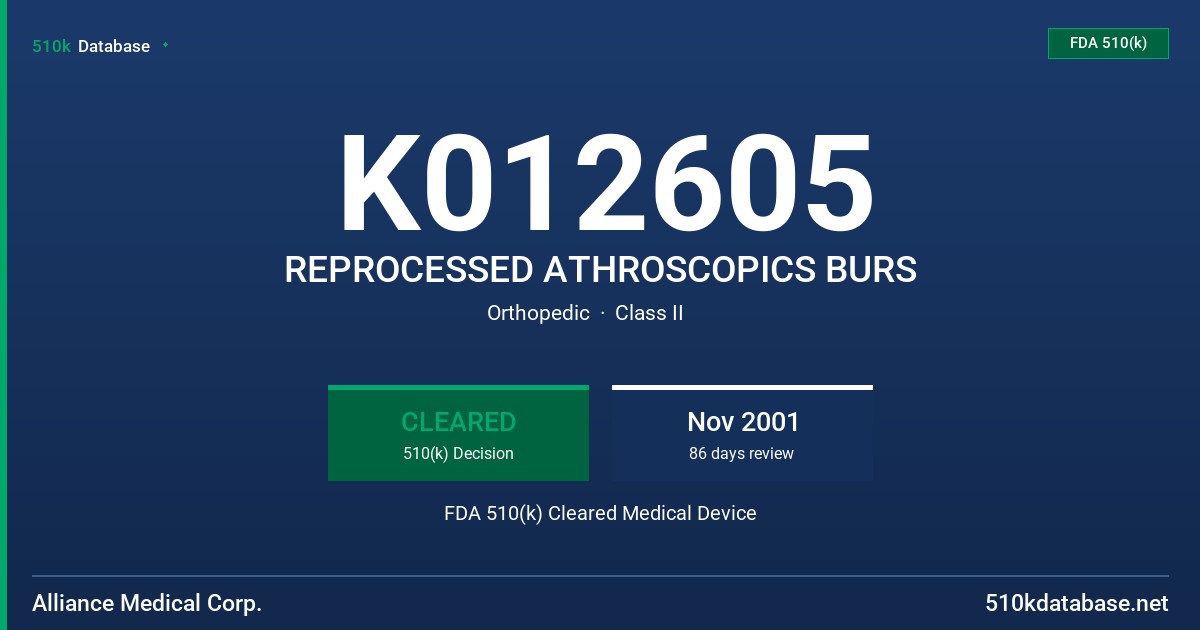 K012605 REPROCESSED ATHROSCOPICS BURS FDA 510(k) Cleared Medical Device
