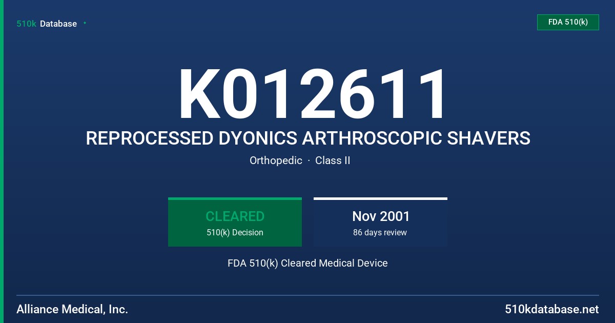 K012611 REPROCESSED DYONICS ARTHROSCOPIC SHAVERS FDA 510(k) Cleared Medical Device