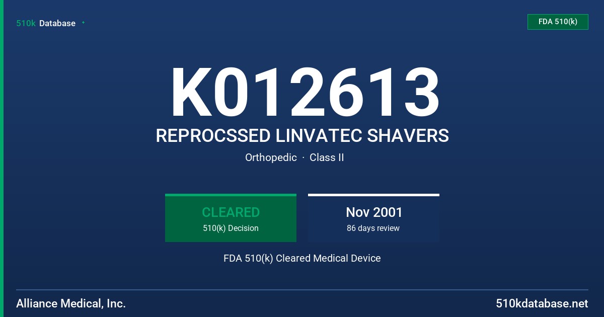 K012613 REPROCSSED LINVATEC SHAVERS FDA 510(k) Cleared Medical Device