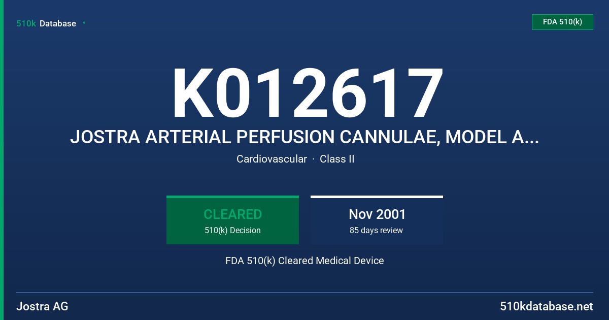 K012617 JOSTRA ARTERIAL PERFUSION CANNULAE, MODEL A... FDA 510(k) Cleared Medical Device